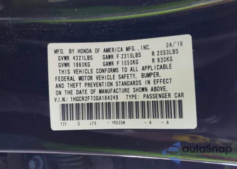 2016 Honda Accord Ex from USA, damaged, VIN 1HGCR2F70GA184249